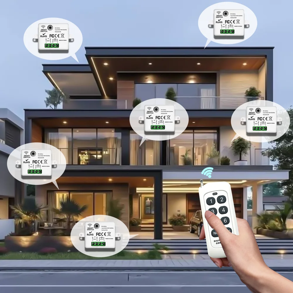 สวิตช์รีโมทไร้สายอเนกประสงค์สำหรับบ้านอัจฉริยะ 433Mhz 110V 220V 10A รีเลย์ขนาดเล็ก รีโมทคอนโทรลสำหรับไฟ LED ในบ้าน