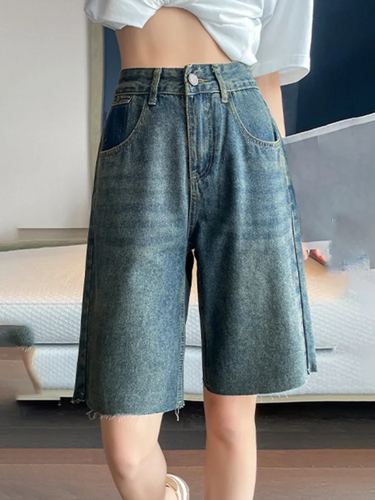 Chicly Thin Style Basic Washed Simple Loose Street Female Jeans Casual Straight High Waist Fashion Distressed Summer Women Jeans