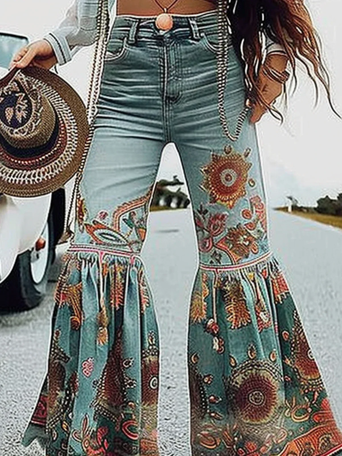 Women Flare Pants High Waist Floral Printed Patchwork Streetwear Vintage Casual Jeans Trousers for Women Spring Autumn