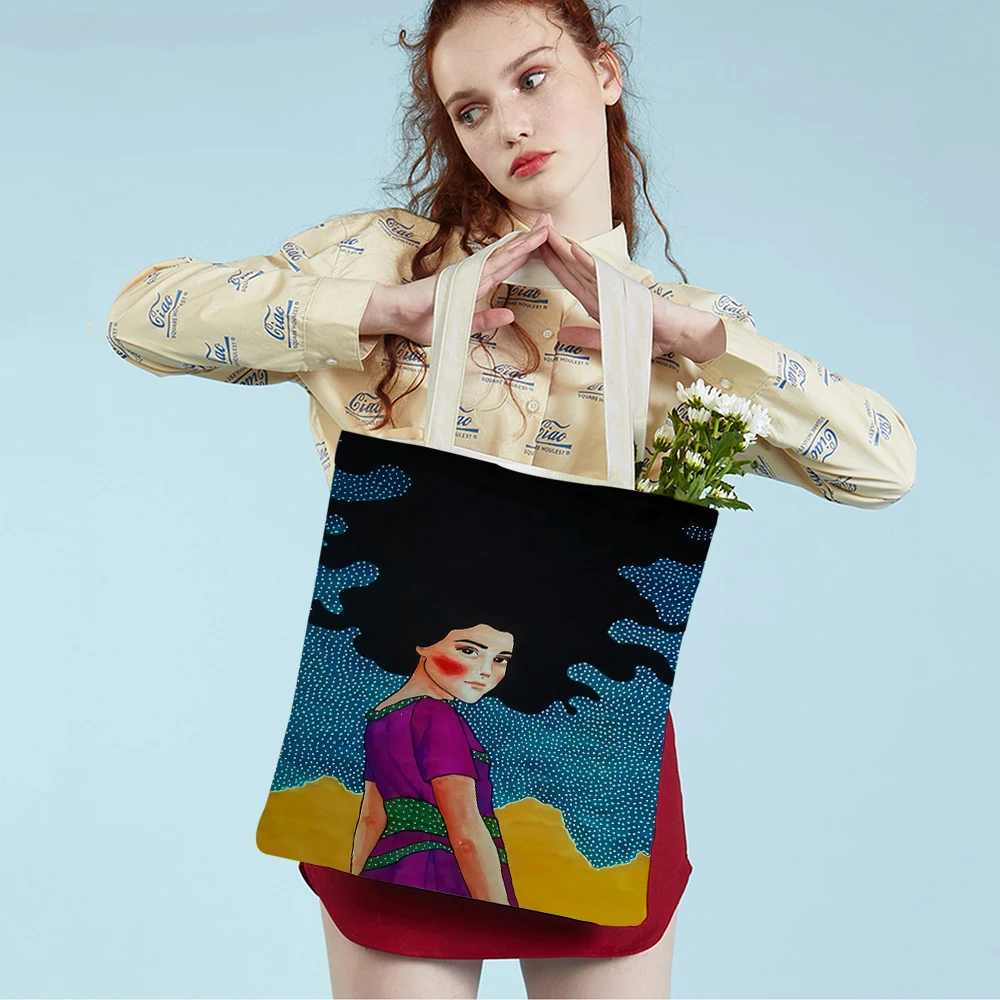 Abstract Girl Retro Flower Suprematism Double Print Reusable Shopping Bag Lady Shopper Bags Canvas Tote Women Travel Handbag