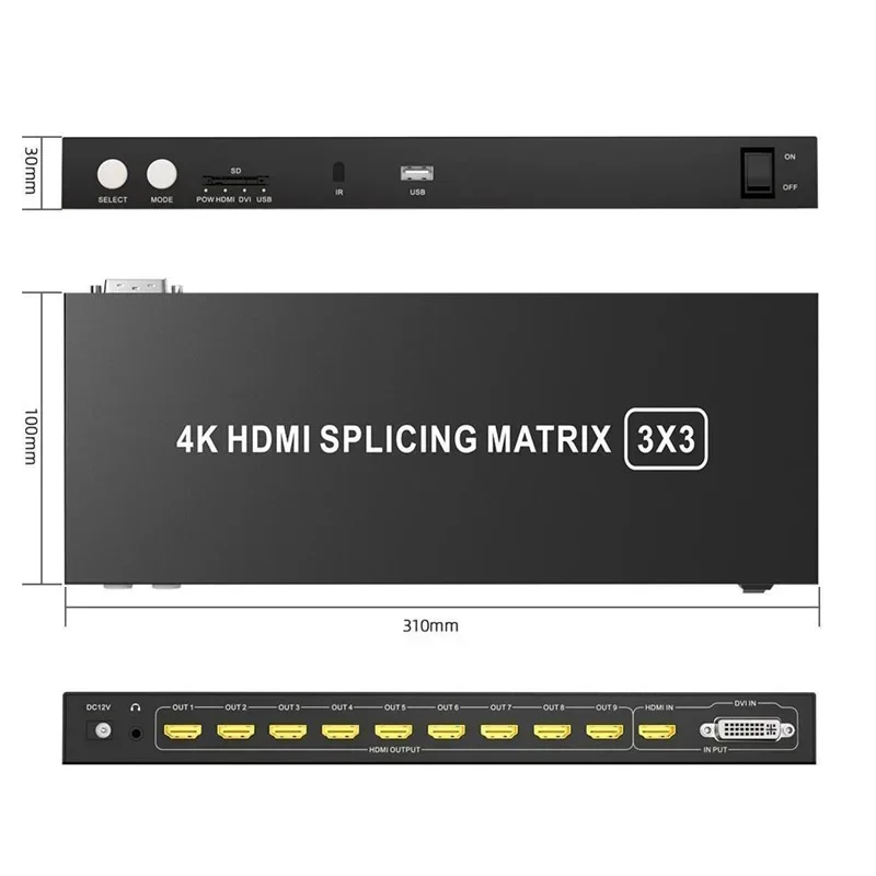 4K 3x3 HDMI Video Wall Controller 2X3 2X2 Multi Monitor Splicing Processor TV Splicer / SD Card USB U Flash Disk Player Optional