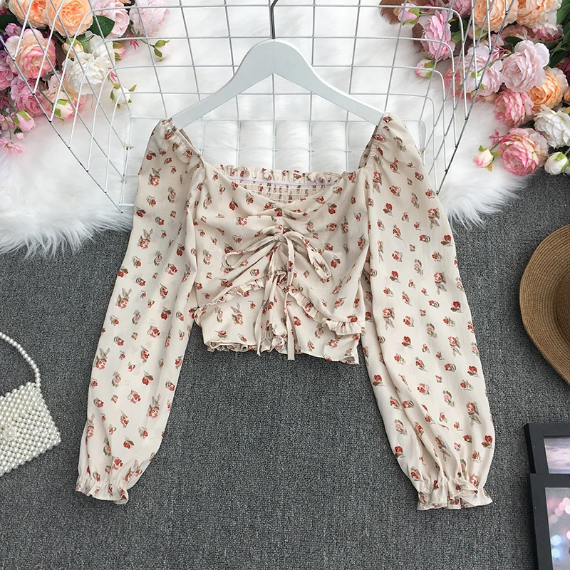 Chic Long Sleeve Women Floral Chiffon Blouse Spring Summer Elastic Waist Casual Slim Crop Shirts Female Tops