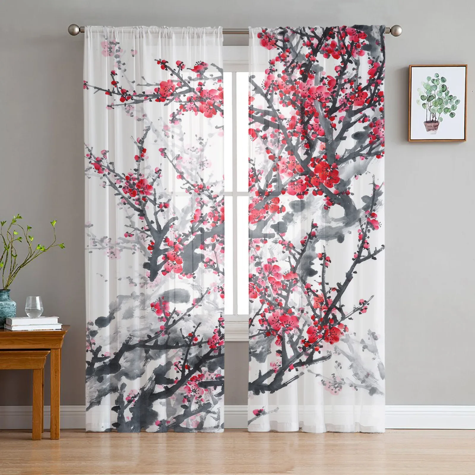 Ink Plum Blossom Flower Plant Tulle Sheer Curtains for Living Room Decoration Window Curtain for Bedroom Voile Organza Drapes