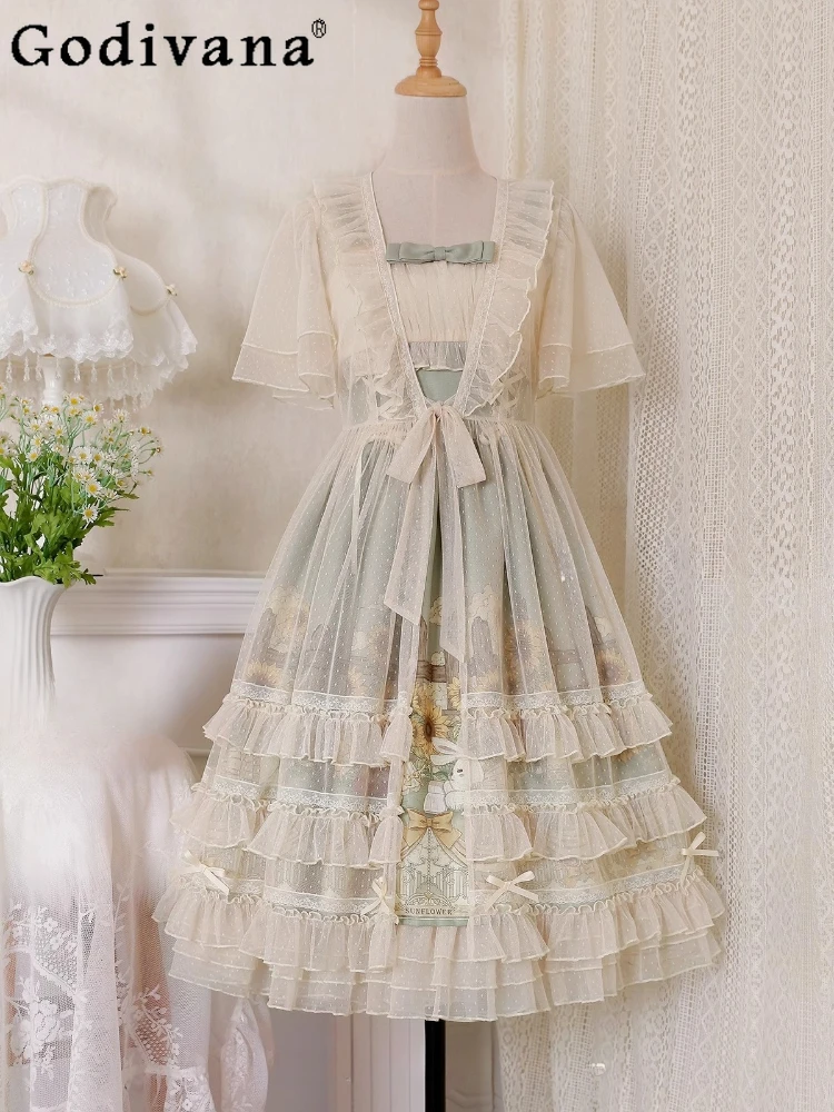 

Elegant Japanese Sweet Jsk Lolita Suspender Dress Women Vintage Victorian Sunflower Cartoon Summer Bow Fresh Tea Party Dresses
