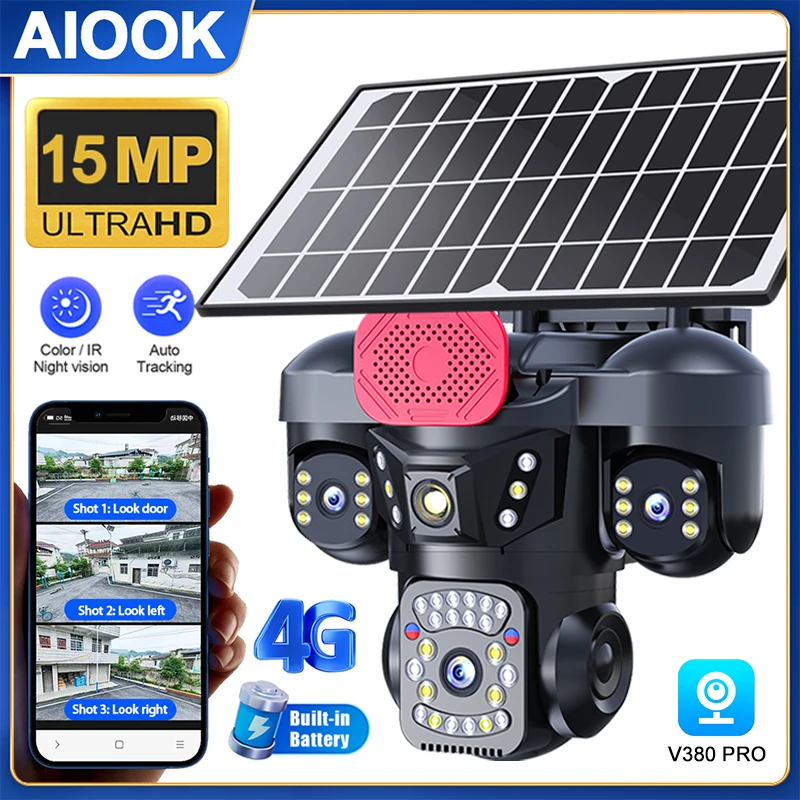 

AIOOK V380 Solar Camera Outdoor Waterproof Triple Lens HD 15MP 4G SIM Camera Horn Alarm Night Vision Two-Way Intercom IP CCTV