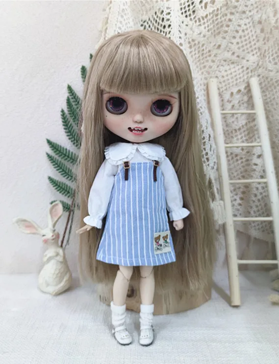 

Light Blue Striped Strap Skirt Blythe doll dress skirt, apron, 1/6 BJD for Pullip,Ob22,Ob24, Licca