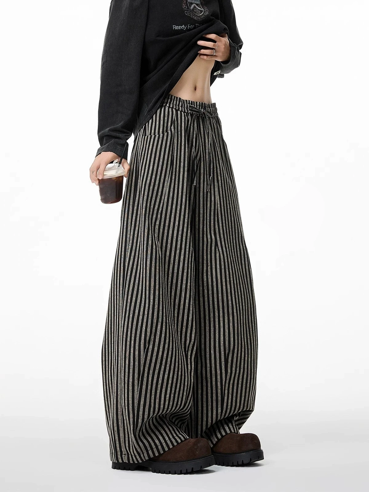 American style relaxed vertical striped casual pants men's new lazy style hanging straight leg wide leg floor pants