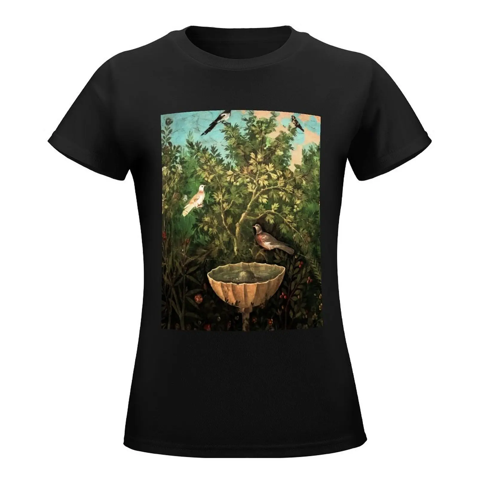 POMPEII COLLECTION / FLYING BIRDS,DOVES,FOUNTAININ GARDEN ,BLUEGREEN FLORAL T-Shirt new edition designer clothes Women luxury