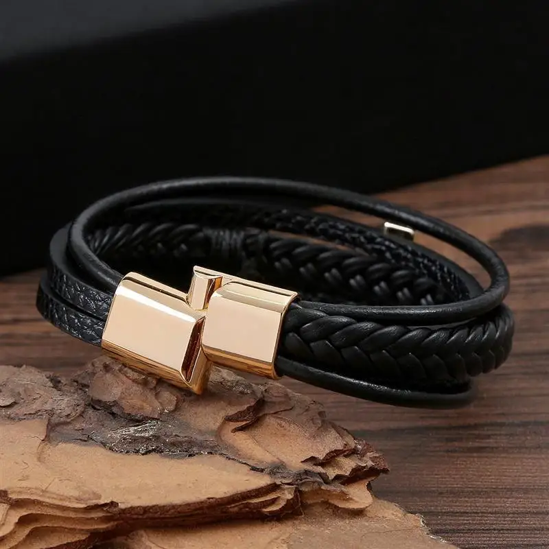 Multi-layer Cross Design Classic Metal Clasp Men\'s Leather Bracelet Handsome Men Christmas Gifts Male Jewelry