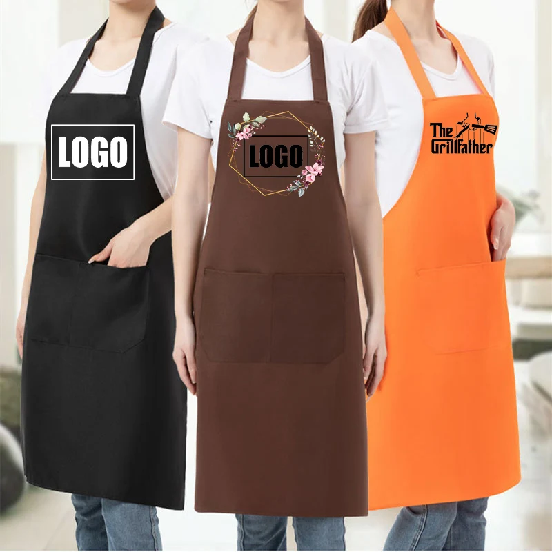 Custom Design Marke Logo Schwarz Unisex Kellner Kochen Restaurant Tasche Druck Einstellbare Hängenden Hals Männer Schürzen für Frau