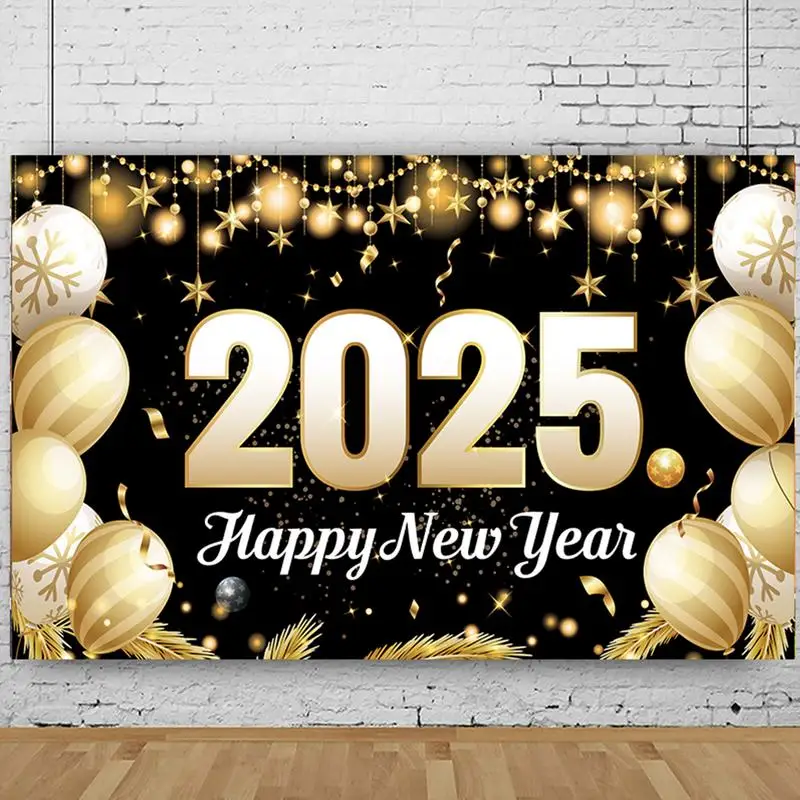 Happy New Years Banner 2025 Banner For New Years Eve Black And Gold Balloon Theme 70 X43 Inches New Year Parties Decoration