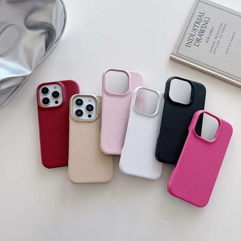 3D Matte Lychee Pattern Hard Leather Phone Case for Iphone 16 15 14 13 Pro Max 12 11 16Pro Shockproof Protect Cover Capa