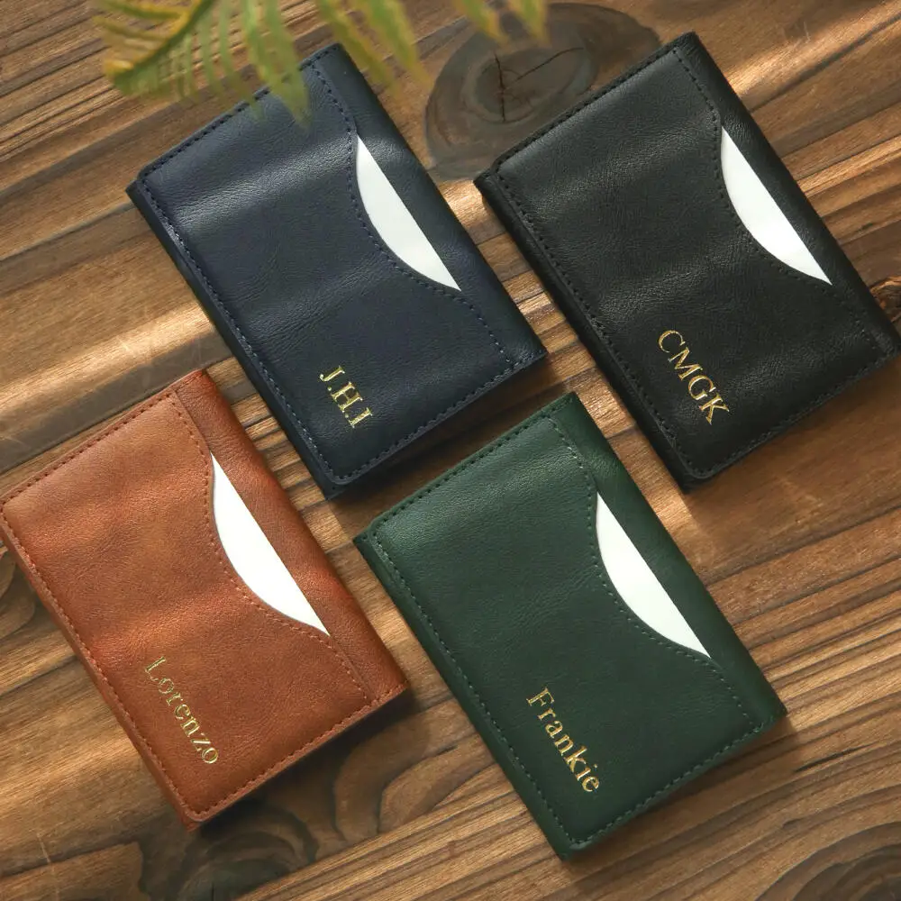 Custom Name Magnetic Leather Card Holder Personalized Embossed Name Leather Card Case Custom Slim Pocket Magnet Id Card Holder