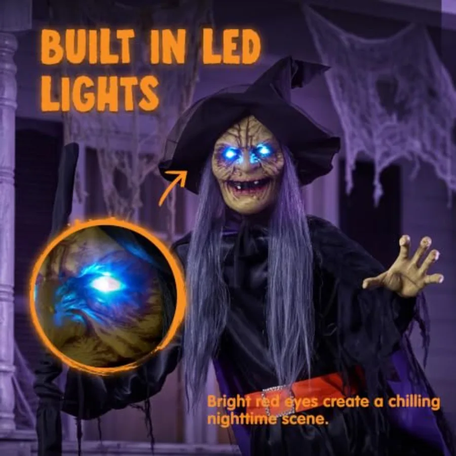 Outdoor Halloween flying witch decor, PVC material, black color, sound-activated glowing LED eyes and life-size realistic effec