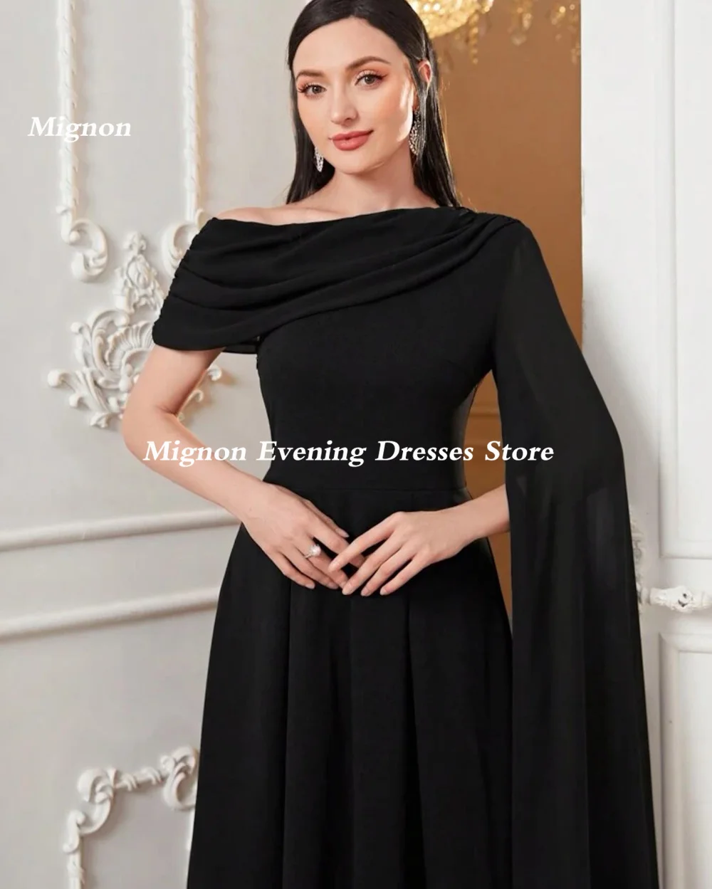 Mignon Satin A-line Square Neckline Prom Gown Ruffle Evening Tea-length Formal Cap Straps Elegant Party Dress for Women 2023