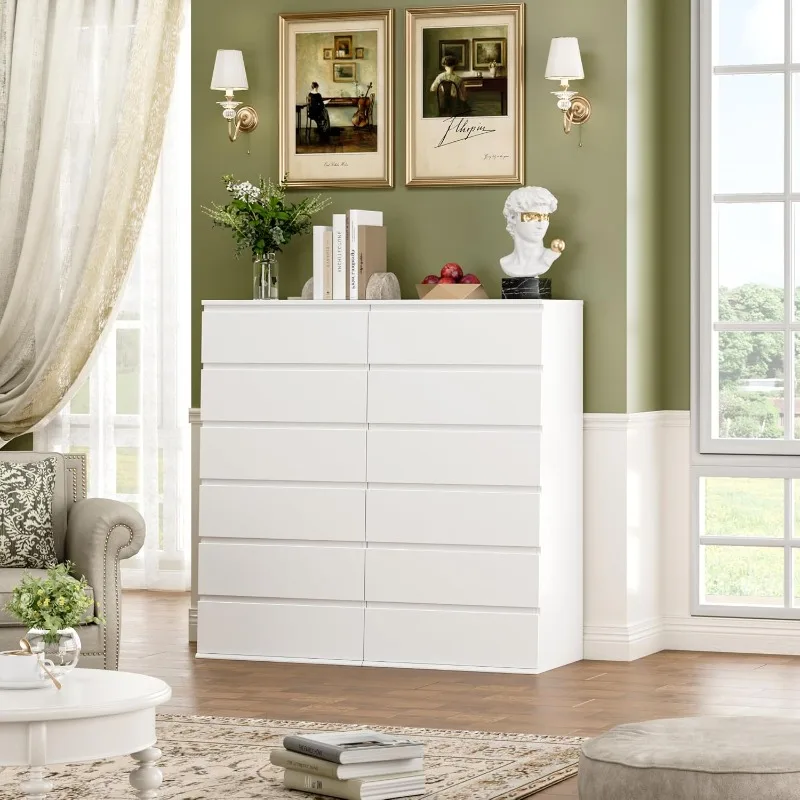 FOTOSOK Cômoda branca, cômoda de 6 gavetas, armário de armazenamento moderno de piso alto, trilho deslizante de metal, armário de gaveta sem alças de madeira