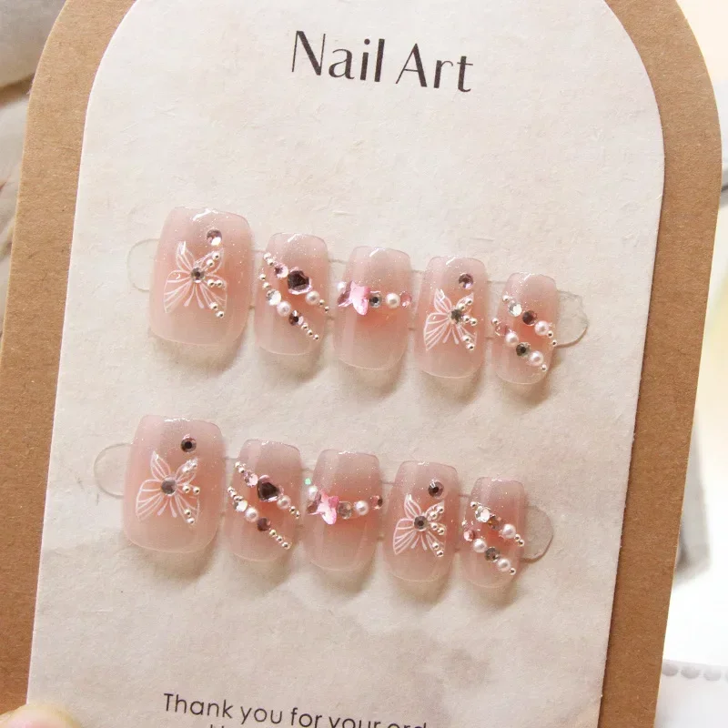 10Pcs Short Handmade Press On Nails Simple French Wearable False Nails Rhinestones Full Cover Decoration Fake Nails Tips Art