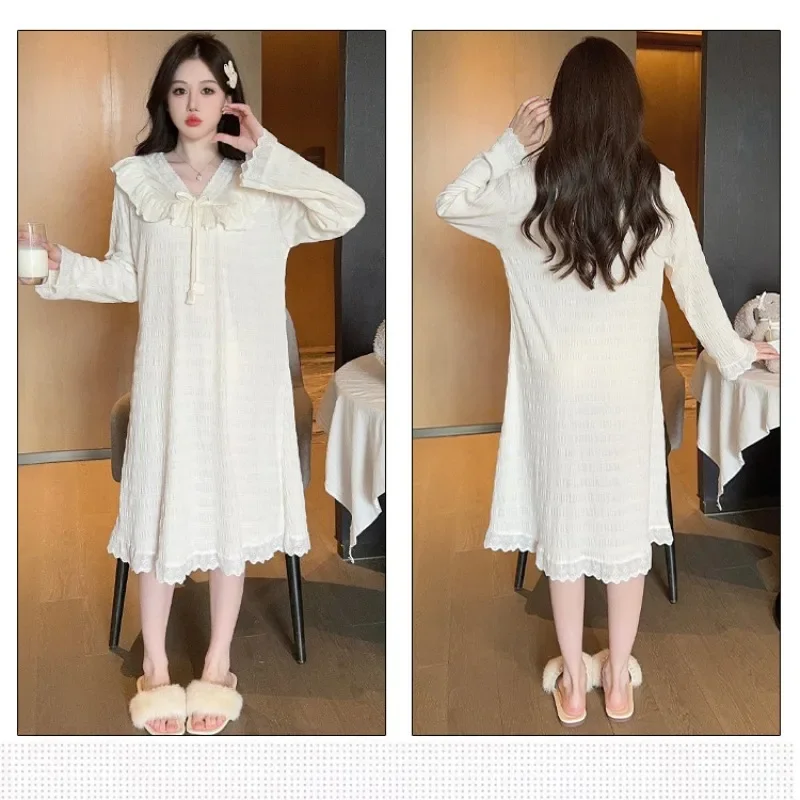 5XL Plus Size Women\'s Sleepwear Spring Princess Home Dress Lace Cotton Cream-colored Pajamas Sleepshirts Loose Nightgown Nightie