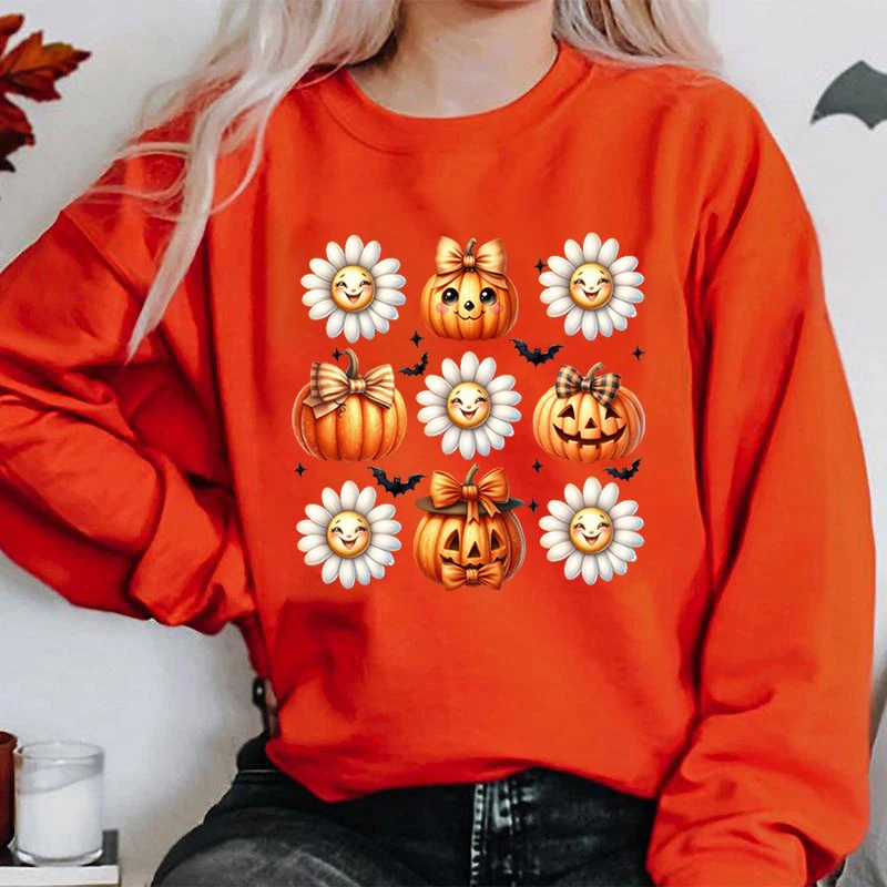 

Cute Halloween Pumpkin Flower Print Hoodless Sweatshirts Women Round Neck Pullovers Ladies Casual Pure Color Plus Size Pullovers