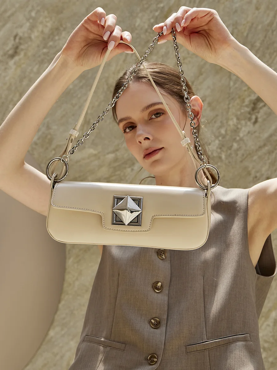Aidrani Genuine Cowhide Women Underarm Bag, Retro Metal Lock Small Shoulder Purse With Removable Chain Strap for Daily Use