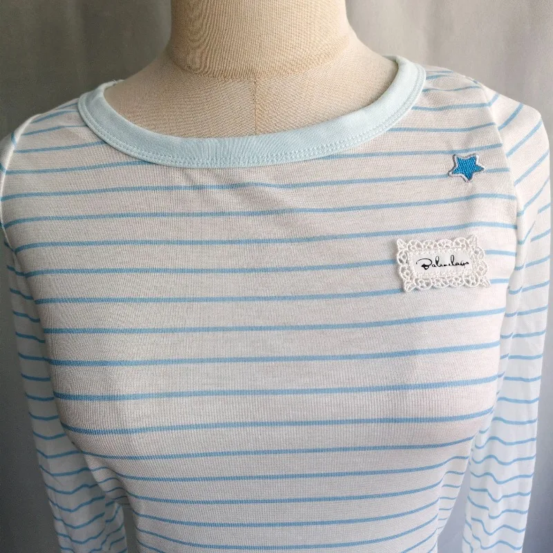 Kimotimo Korean Chic Striped Long Sleeve T-shirts Women Off Shoulder Lazy Micro Transparent Tops Sweet Y2k Aesthetic Casual Tees