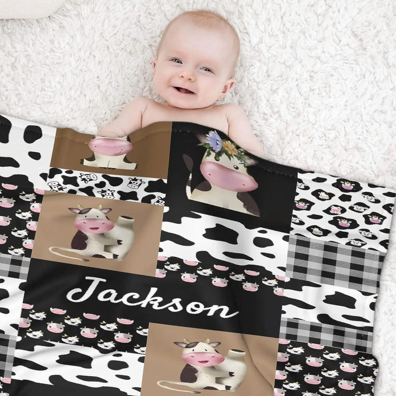 Personalized Cow Baby Blanket with Name, Customized Baby Blanket as Holiday Gift Series - Sofa, Living Room, Vacation House