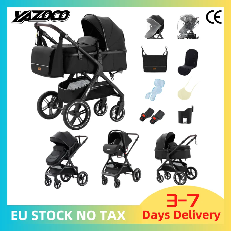 Poussette 3-en-1 pour bébé, poignée réversible, pliage en une seule étape, cadre en aluminium, ensemble 3 pièces, poussette à quatre roues