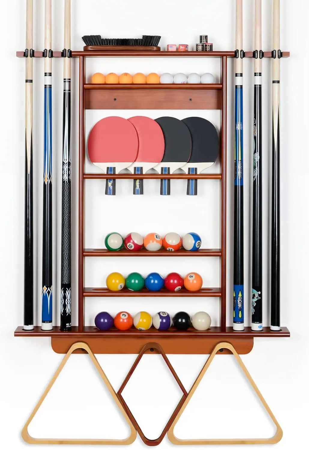 

2-in-1 Pool Cue and Ping Pong Paddle Holder, Solid Pine Wood Wall Mount for Billiards and Table Tennis Accessories in Game Rooms
