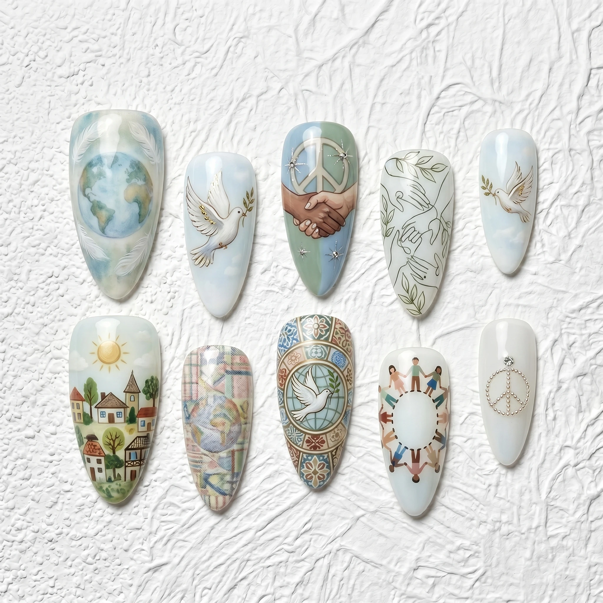 Ongles artisanaux faits à la main, 10 pièces, motif Paix et Unité, forme amande, à presser |   Colliers Dove, symboles de paix, scènes mondiales en relief, strass