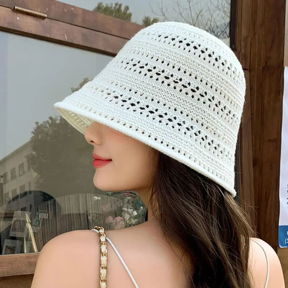Summer Women Fisherman Hat Hollowed-Out Design Sun Protection Wide Brim Hat Solid Color V Protection Summer Beach Hat