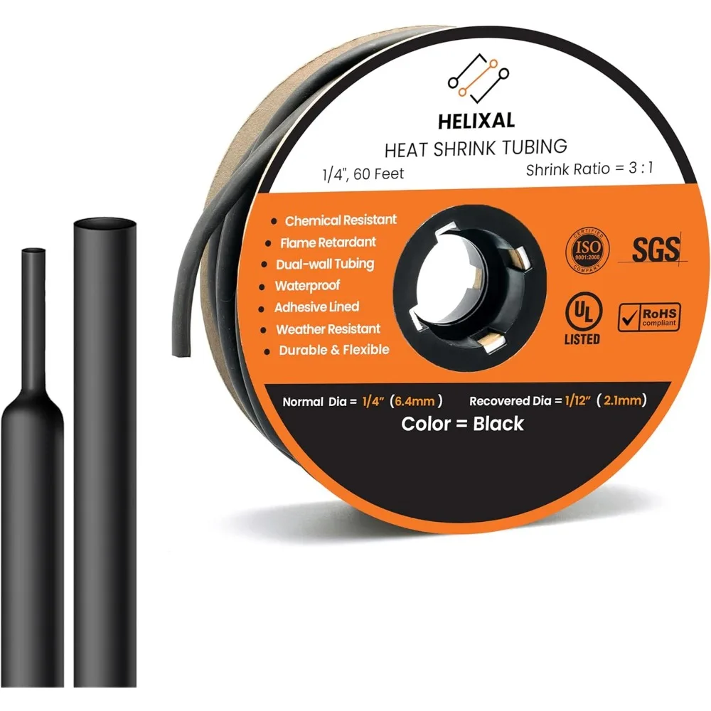 

Quarter Inch Dual Wall Adhesive Heat Shrink Tubing 3 to 1 Ratio Waterproof Marine Grade 60 Feet Black