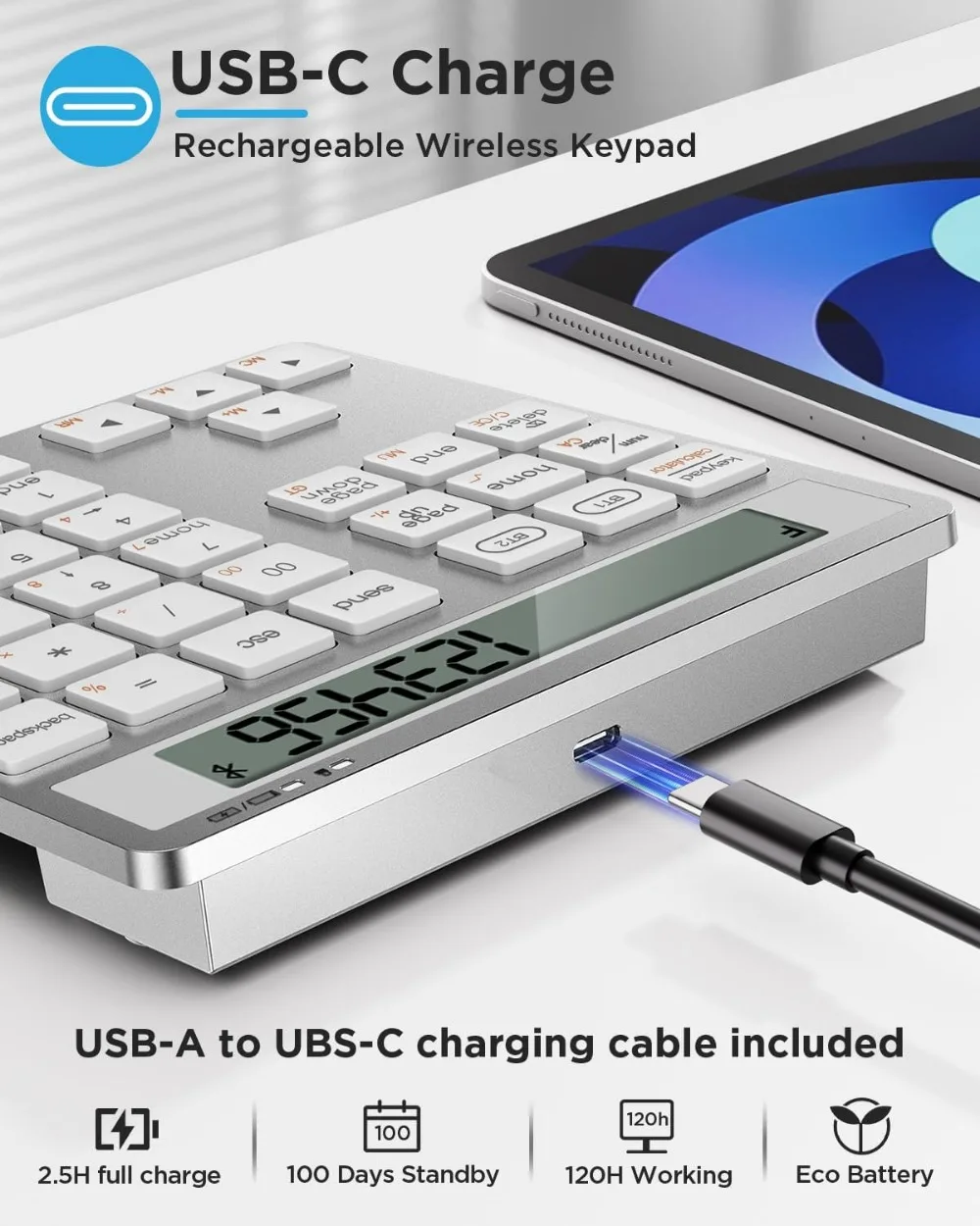 لوحة مفاتيح أرقام لاسلكية قابلة لإعادة الشحن مع بلوتوث مزدوج، شاشة آلة حاسبة مكونة من 34 مفتاحًا لجهاز Windows Mac PC Tablet #2