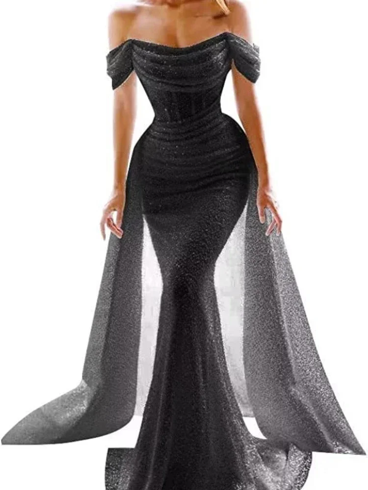 Customized Luxury Shinny Sexy Elegant Evening Dresses Slash Neck Short Sleeve Robe Wedding Party Vestidos Sequined One Shoulder