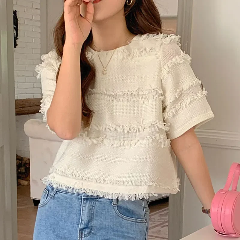 Komiyama Small Fragrance Hit Color Stripe Y2k Clothes O Neck Tassel Patchwork Tops Women Short Sleeve T Shirt Casual Tees