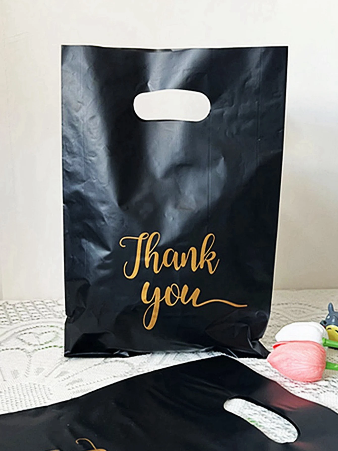 10pcs Flat Black Tote Bag, Thank You Printed Boutique Shopping Bags, Small Gift Jewelry Packaging Plastic Bags For Shopping