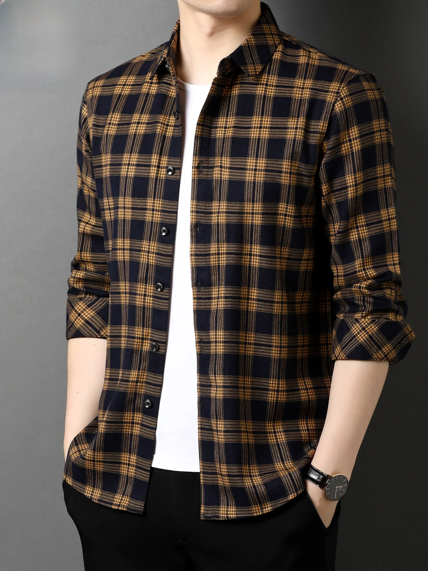 

TUCANO Spring Autumn Plaid Long Sleeve Men's Casual Shirt Standard Fit Fashion Urban Polyester Blend Button up Regular Length