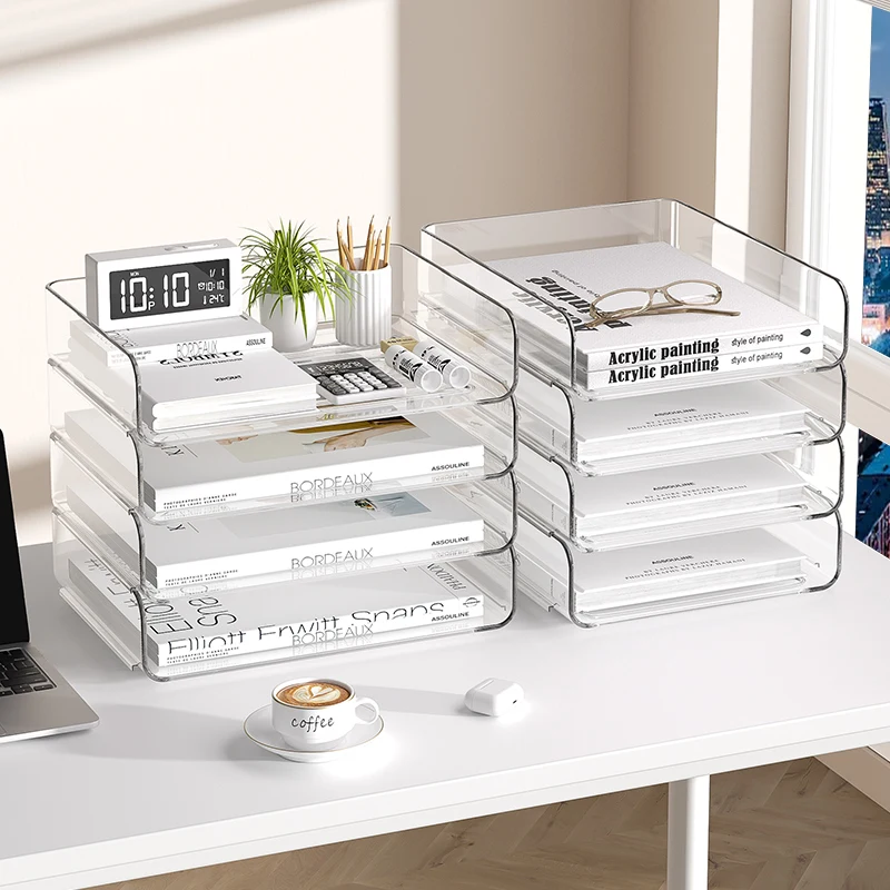 Desk Organizer with 2 Vertical File Holder, 4 Tier Stackable Paper Letter Tray File Organizer with  Pen Holder,Desk Organizer