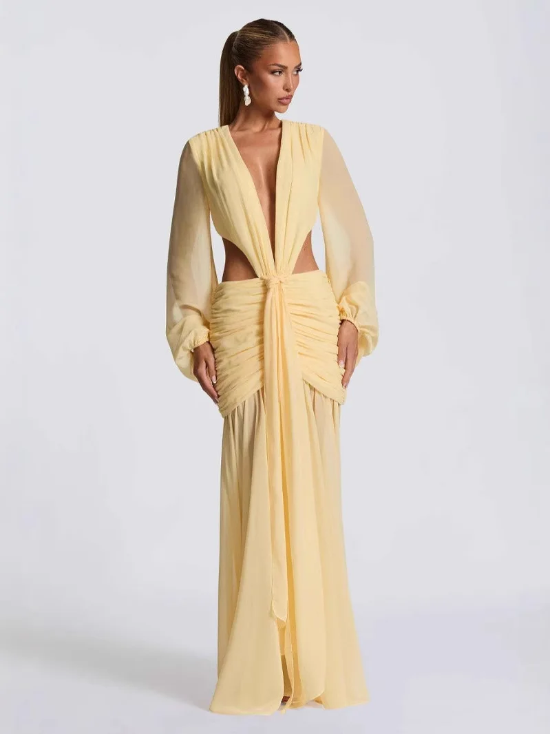 

2025 Women's Long Sve Hollow out Bal Dr Sexy Lace Sve Pure Color High Waist Lantern Sve Par Evening Gown