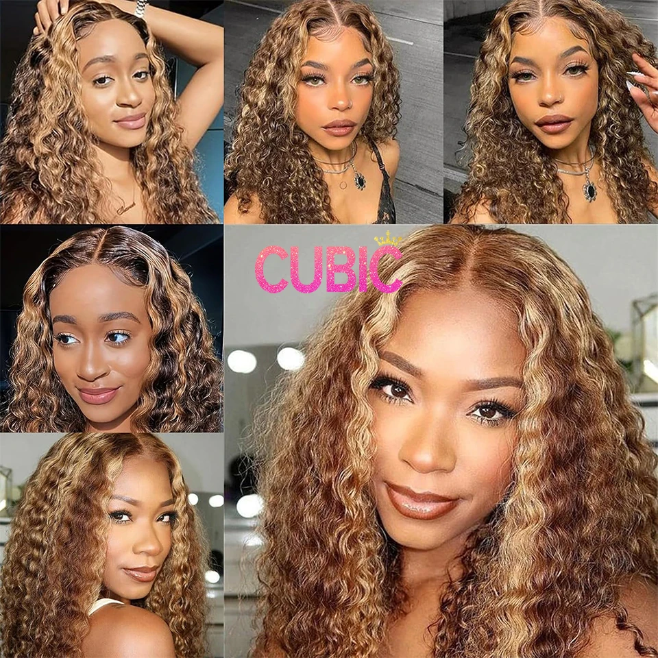 Perruque Lace Front Wig naturelle bouclée ombrée, cheveux courts, blond miel 4/27, pre-plucked, à reflets, pour femmes africaines