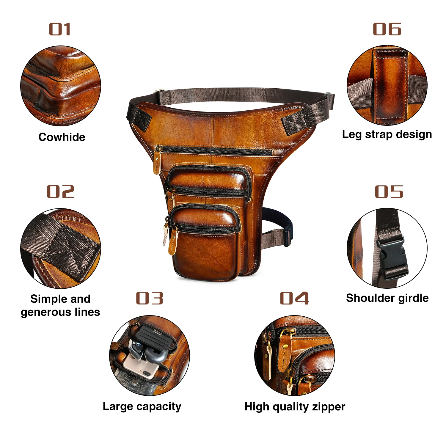 Hot Sale Catlle Cow Leather Design Men Coffee Messenger Mochila Bag Organizer Fanny Waist Belt Pack Drop Leg Bag For Male 3111lb