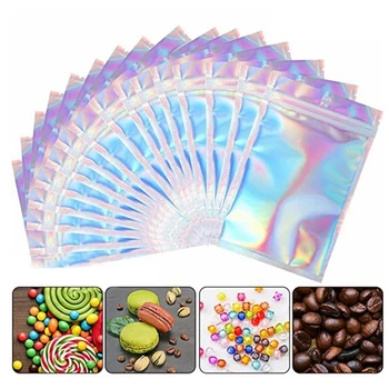 10 adet yeniden kapatılabilir holografik pembe fermuarlı ambalaj çantası kozmetik takı düz torbalar lazer küçük plastik fermuarlı çanta 10 adet