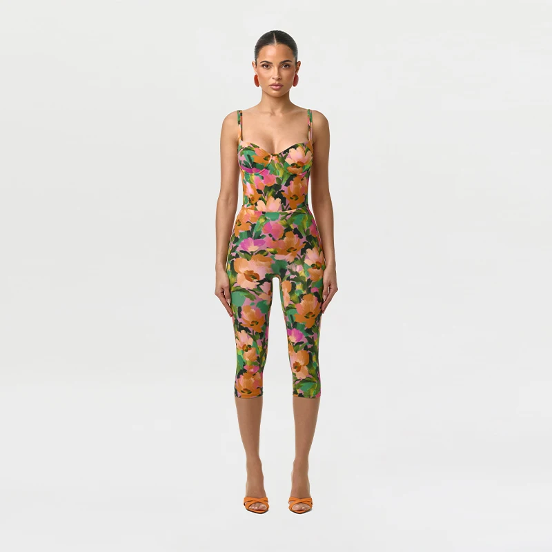 2026 New Women's Green Floral Two-piece Set Sweetheart Neckline Backless Corset With Cropped Pants Summer Beach Vacation Outfit - Image 6