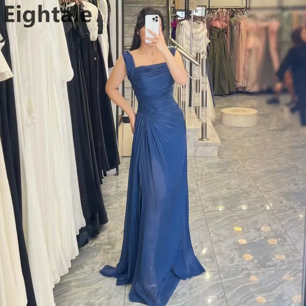 فستان سهرة طويل باللون الأزرق الداكن من Eightale 2025 برقبة مربعة لحفلات الزفاف الرسمية والحفلات الراقصة في دبي مخصص