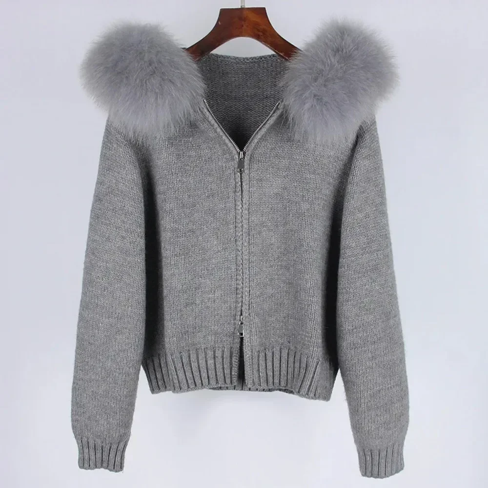 2024 Winter Women Knitted Jacket with Natural Fur Placket Coat Casual Real Fox Fur Collar New Fashion Short Warm Loose