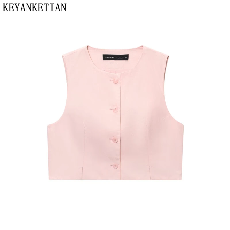 

KEYANKETIAN Summer New Women Open Cut Sleeveless Round Neck Short Vest, Suit Vest, Single Breasted Vest