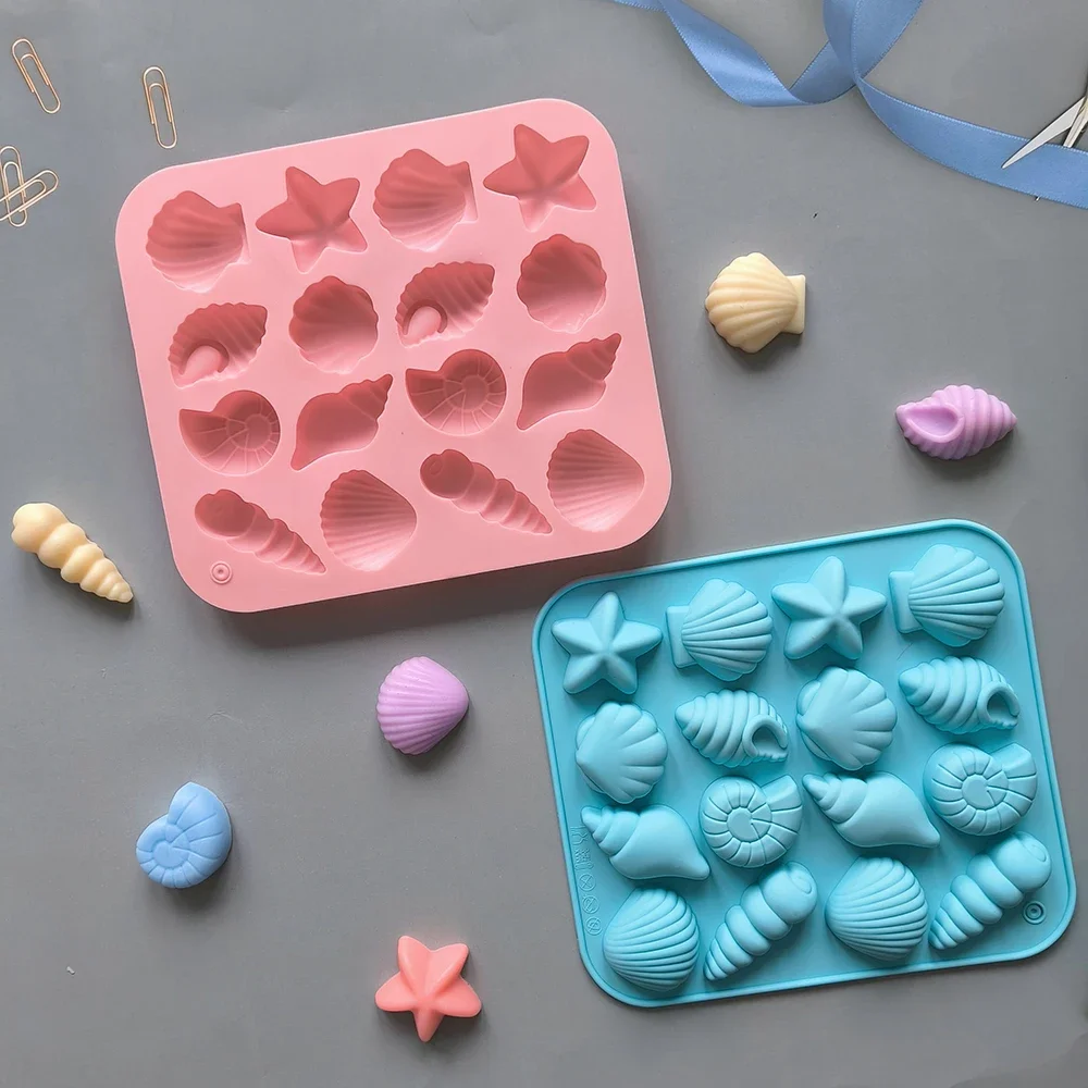 Molde de silicona de 16 cavidades con forma de concha, estrella de mar y otras formas para dulces, pudín, hielo, chocolate y pasteles.