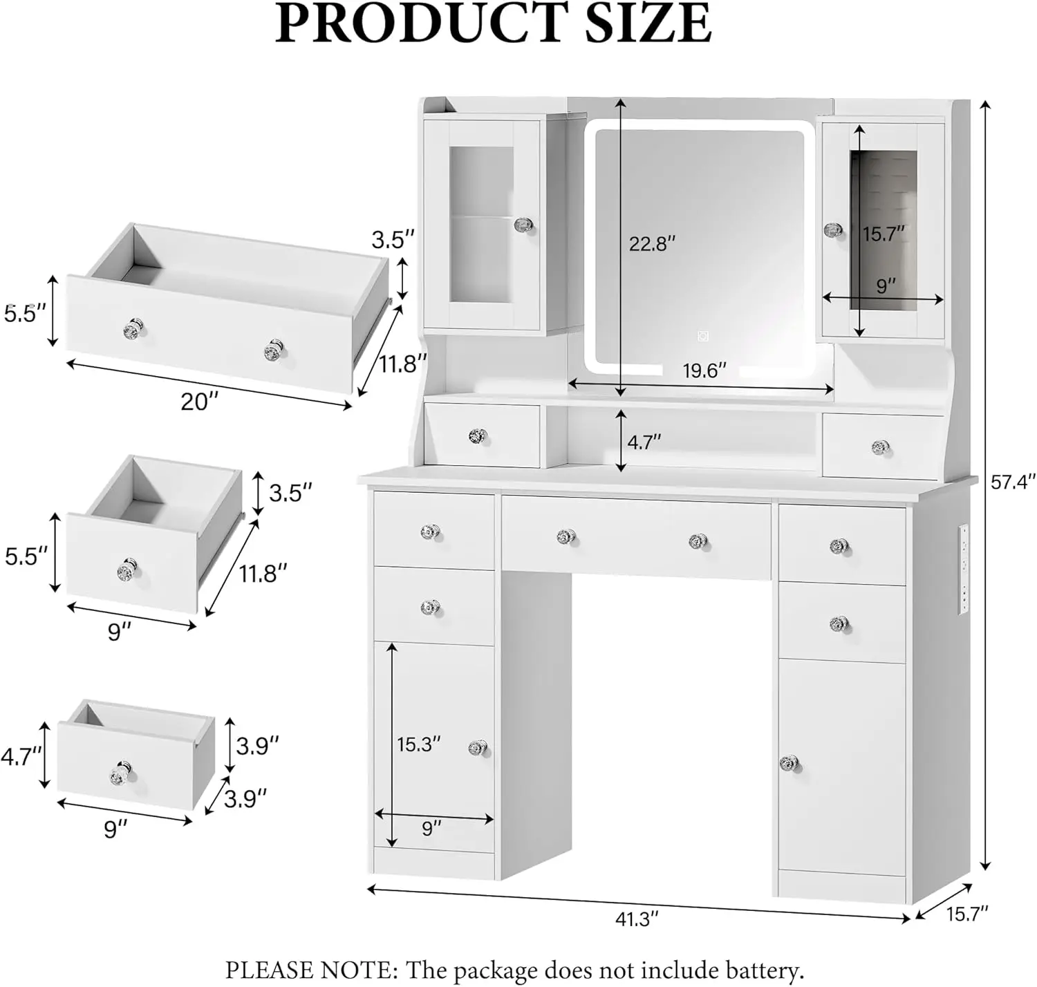 Большой туалетный столик для макияжа с зеркалом, RGB подсветкой, 2 шкафа для ювелирных изделий, 7 ящиков, зарядная станция — белый