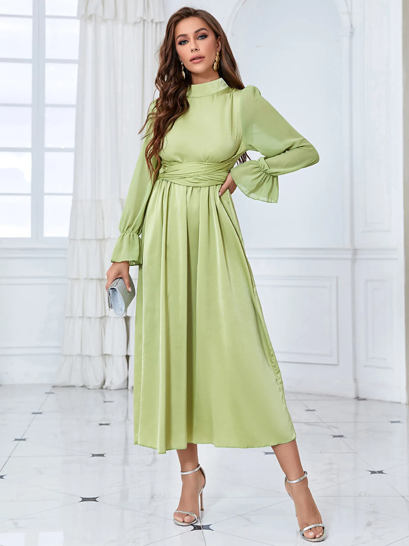 

Elegant Long Sleeve Dresses for Women Autumn Solid Belt Maxi Dresses Female Party Night evening Green Vestidos Robe Femmes 2023