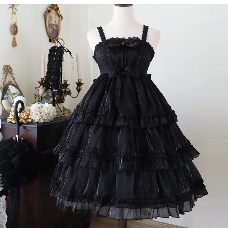 Viktorianisches Lolita-Hosenträgerkleid, Damen-Gothic-Kleid mit Puffärmeln, kurzen Ärmeln, laminierten Rüschen, Mini-Kleid mit Schleife und Rüschen, Prinzessinnenkleid – Detail 3