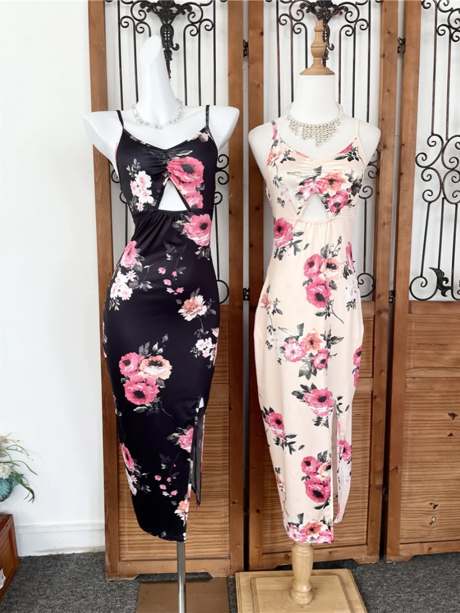 

Четырехцветное кружево с цветочным принтом, сексуальное платье с разрезом на бретельках, платье с высокой талией и принтом, средней длины, V-Ne, женское летнее платье